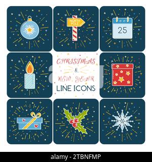 Collezione di colorate icone natalizie in stile sottile. Illustrazione Vettoriale