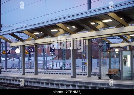 Erfurt, Germania. 8 dicembre 2023. I binari della stazione centrale di Erfurt sono vuoti. L'Unione tedesca dei macchinisti (GDL) aveva chiesto un altro sciopero di allarme di 24 ore alla Deutsche Bahn AG. Credito: Martin Schutt/dpa/Alamy Live News Foto Stock