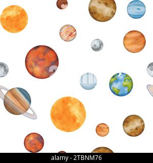 Ripetizione senza cuciture. Il sistema solare con orbite planetarie. Mercurio, Venere, Terra con il suo satellite, la Luna, Marte, Giove, Saturno, Urano, Nettuno Foto Stock