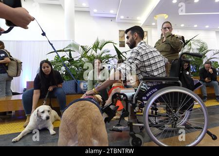 Un soldato israeliano ferito in una sedia a rotelle animali domestici un cane terapeutico presso l'ospedale di riabilitazione dello Sheba Medical Center che sta curando soldati e civili feriti dall'attacco di Hamas del 7 ottobre e la successiva guerra il 7 dicembre 2023 a Ramat Gan, in Israele. Foto Stock