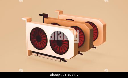 Tre semplici schede grafiche GPU a doppia ventola su sfondo beige. Adattatore per videogiochi. Crypto Farm. Stile minimalista dei cartoni animati. Rappresentazione 3D. Foto Stock