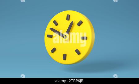 Indicatore giallo dell'orologio su sfondo blu tenue. Isolato. Stile minimalista dei cartoni animati. Icona minimale. Illustrazione rappresentazione 3D. Foto Stock