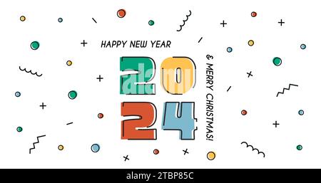 Poster felice anno nuovo 2024. Striscione orizzontale HNY e Merry Christmas con numeri colorati e motivo geometrico astratto. Festeggiamenti e festività Illustrazione Vettoriale