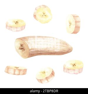 Banane di frutta commestibili a fette sbucciate. Illustrazione degli alimenti ad acquerello isolata su bianco. Per il pacchetto di etichette del menu delle schede clip art Foto Stock