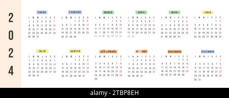 Calendario spagnolo 2024 anni. La settimana di calendario orizzontale della cancelleria vettoriale inizia lunedì. Organizzatore annuale. Semplice modello di calendario dal design minimalista Illustrazione Vettoriale