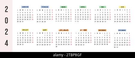 Calendario francese 2023 anni. La settimana di calendario orizzontale della cancelleria vettoriale inizia lunedì. Organizzatore annuale. Semplice modello di calendario dal design minimale Illustrazione Vettoriale