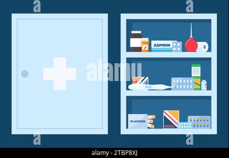 Contenitore pieno di farmaci, pillole e bottiglie. Armadio medico aperto e chiuso. Farmaci per kit di pronto soccorso. Illustrazione vettoriale Illustrazione Vettoriale