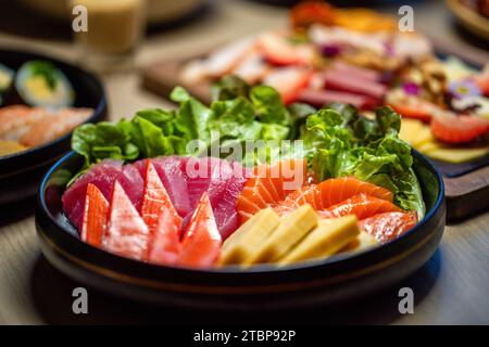 Vassoio di sushi fresco assortito con colori vivaci. Cucina giapponese e piatti gourmet. Foto Stock