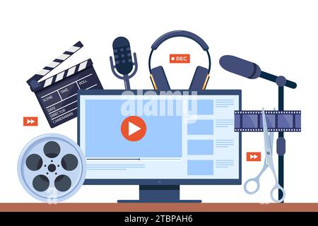 Concetto di produzione video. Creare contenuti visivi per i social media. Scrittura di scenari, ripresa di video e editing con attrezzature speciali. Multimedia e. Illustrazione Vettoriale