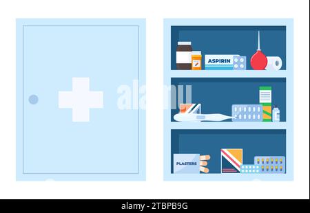 Contenitore pieno di farmaci, pillole e bottiglie. Armadio medico aperto e chiuso. Farmaci per kit di pronto soccorso. Illustrazione vettoriale Illustrazione Vettoriale