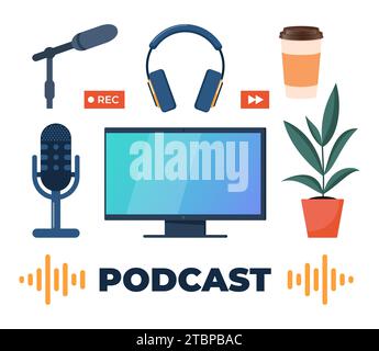 Podcast. Cuffie, microfoni, computer. Registrazione e ascolto di podcast, trasmissione, radio online, concetto di servizio di streaming audio. Vettore Illustrazione Vettoriale