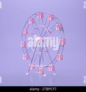 Immagine Pink Funfair per bambini isolata su sfondo viola. Concetto di vacanza. Parco divertimenti. Stile minimalista dei cartoni animati. Illustrazione rappresentazione 3D. Foto Stock