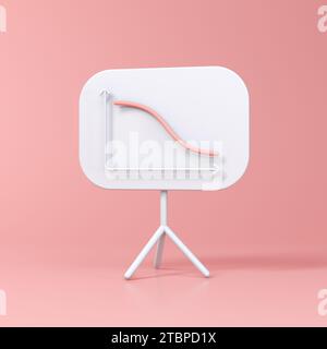 Linea rossa down Graph su lavagna bianca isolata su sfondo rosso tenue. Stile minimalista dei cartoni animati. Concetto aziendale. Illustrazione rappresentazione 3D. Foto Stock