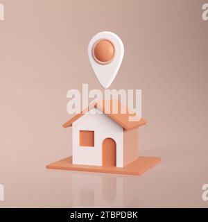 Simbolo della casa con icona del perno di posizione isolata su sfondo pastello beige. Concetto di prestiti alle imprese per beni immobili. Stile minimalista dei cartoni animati. Rappresentazione 3D. Foto Stock