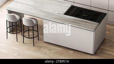 Interni moderni della cucina con elegante isola in marmo e sgabelli da bar eleganti in un design minimalista. rendering 3d. Foto Stock