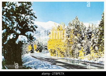 Poster di viaggio americano d'epoca - la prima neve - Rocky Mountain National Park, Colorado - Pacific Railroad poster anni '1950 Foto Stock