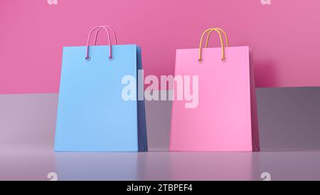 Sacchetti per lo shopping blu e rosa isolati su sfondo grigio rosa. Banner di vendita per acquisti online. Regalo o sorpresa, promozione di vendita, sconto. Foto Stock