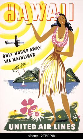 Poster di viaggio americano d'epoca - Hawaii - a solo poche ore di distanza via Mainliner - United Air Lines 1950, Hula Dancing Girl Foto Stock