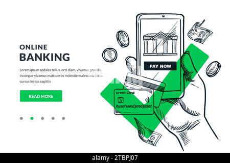 Bonifico e pagamento online. Concetto di tecnologia mobile per aziende e finanza. Illustrazione di uno schizzo vettoriale disegnato a mano del telefono cellulare, Illustrazione Vettoriale