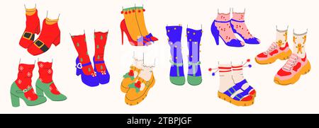 Collezione di scarpe in costume da donna per Natale e Capodanno con e senza tacchi in uno stile alla moda.Isolated.Vector Illustrazione Vettoriale