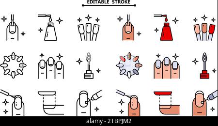 Set di icone per manicure. Set piatto di attrezzature per manicure. Illustrazione a colori degli strumenti per manicure. Vettore isolato su sfondo bianco. Pictogra Illustrazione Vettoriale
