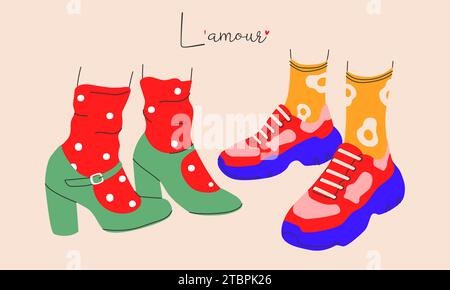 Un bellissimo poster, il Card Lamour. Due persone si trovano l'una accanto all'altra durante l'appuntamento indossando scarpe alla moda e calzini luminosi. Vector Illustrazione Vettoriale