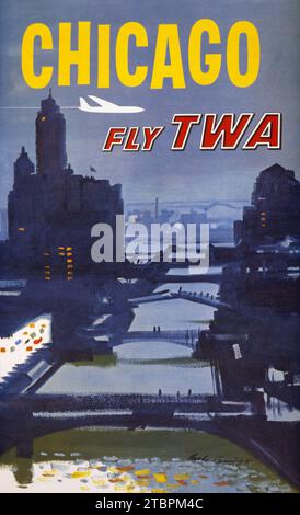 Poster di viaggio americano d'epoca - Chicago - Fly TWA - Austin Briggs ArtWork, 1960 Foto Stock