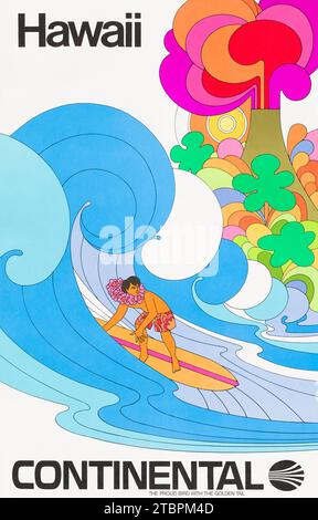 Continental Airlines, Hawaii Travel poster 1969 - illustrazione di un surfista Foto Stock