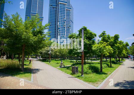 Seoul Forest, una vibrante miscela di bellezza naturale ed espressione artistica, si erge come un'oasi verde nel cuore di Seoul. Da laghetti riflettenti e selvaggi Foto Stock