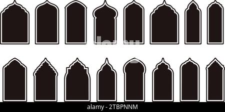 Forme vettoriali islamiche versatili che mettono in risalto gli archi delle finestre e delle porte. Set cornici arabe con icone silhouette Ramadan Kareem. Eleganti design della porta della moschea Illustrazione Vettoriale