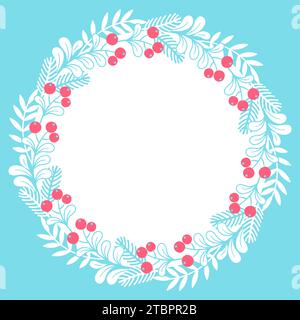 Illustrazione vettoriale disegnata a mano. Cartolina di Natale con corona in vischio stilizzato rotondo con spazio per la copia del testo Illustrazione Vettoriale