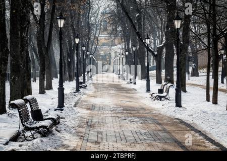 Vicolo nel parco cittadino invernale. Lanterne storiche della città e panchine del parco coperte di neve Foto Stock