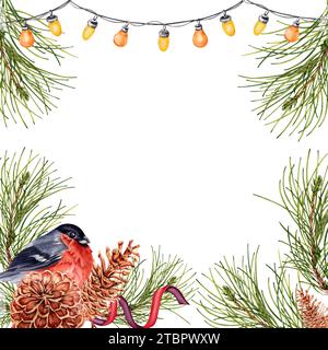 Composizione natalizia brillante con rami di pino, luci, bullfinch, pinne. Struttura quadrata pronta per il testo. Illustrazione acquerello Foto Stock