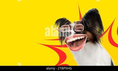 Piccolo cane di razza con occhi e bocca femminili che ride su sfondo giallo. Collage d'arte contemporanea. Foto Stock