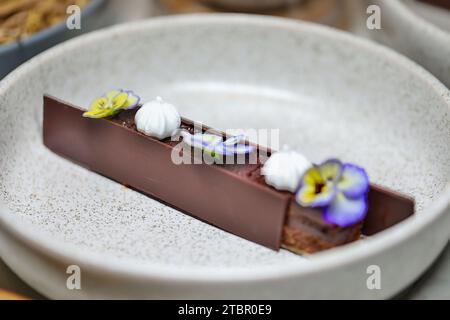 Dessert gourmet al cioccolato splendidamente decorato con fiori commestibili. Ottima cucina e pasticceria. Foto Stock