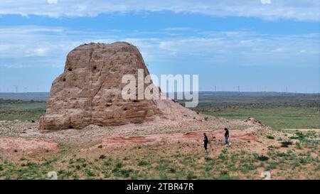 (231208) -- YANCHI, 8 dicembre 2023 (Xinhua) -- in questa foto aerea, Chen Jing (R) e suo marito Gao Wandong ispezionano una torre di fumo dell'antica grande Muraglia nella contea di Yanchi, nella regione autonoma Ningxia Hui della Cina nord-occidentale, 17 agosto 2023. La contea di Yanchi, conosciuta come "Museo della grande Muraglia", ospita una sezione di 259 km dell'antica grande Muraglia. Chen Jing e suo marito Gao Wandong si sono impegnati a documentare la sezione Yanchi dell'antico grande muro dal 2008. Finora, hanno percorso oltre 100.000 km e scattato più di 100.000 foto durante l'esplorazione. Anche la coppia p Foto Stock