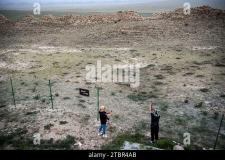 (231208) -- YANCHI, 8 dicembre 2023 (Xinhua) -- Chen Jing (L) e suo marito Gao Wandong controllano la struttura di protezione per l'antica grande Muraglia nella contea di Yanchi, nella regione autonoma Ningxia Hui della Cina nord-occidentale, 16 agosto 2023. La contea di Yanchi, conosciuta come "Museo della grande Muraglia", ospita una sezione di 259 km dell'antica grande Muraglia. Chen Jing e suo marito Gao Wandong si sono impegnati a documentare la sezione Yanchi dell'antico grande muro dal 2008. Finora, hanno percorso oltre 100.000 km e scattato più di 100.000 foto durante l'esplorazione. La coppia pubblicò anche un ph Foto Stock