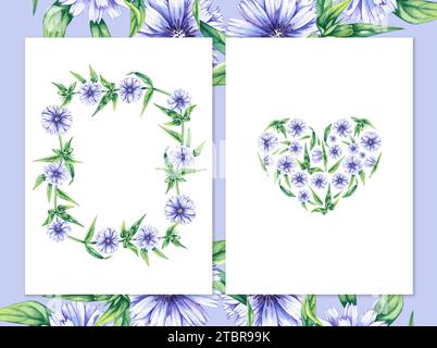 Cartoline con cicoria ad acquerello. Fiori di cicoria disegnati a mano. Carte acquerello di fiori di cicoria blu per creare cartoline, loghi, banner, siti Web, ecc. Foto Stock
