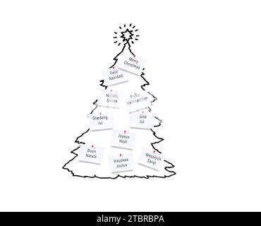 Auguri di Natale in diverse lingue su un blocco note Foto Stock