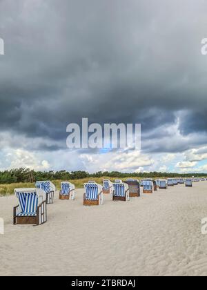 Germania, Meclemburgo-Pomerania Occidentale, Prerow, formazione di nubi sulla spiaggia sulla costa del Mar Baltico, atmosfera di temporali, nubi di pioggia sulla spiaggia c Foto Stock