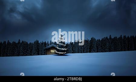 Rifugio invernale innevato in una notte stellata Foto Stock