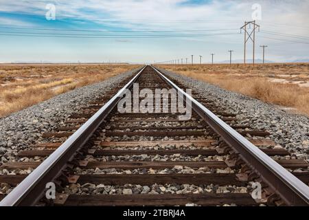 Primo piano dei binari ferroviari nello Utah centrale. Si estende dritto all'orizzonte. Poli telefonici a destra. Cielo nuvoloso blu oltre. Foto Stock