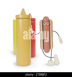 Divertente personaggio di hot dog dei cartoni animati appoggiato su un contenitore di senape isolato su sfondo bianco. illustrazione 3d. Foto Stock