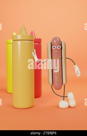 Simpatico personaggio di hot dog dei cartoni animati appoggiato su un contenitore di senape. illustrazione 3d. Foto Stock