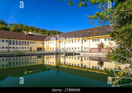 Germania, Baviera, distretto di Monaco, Baierbrunn, valle dell'Isar, canale Isarwerk con centrale elettrica di Höllriegelskreuth Foto Stock