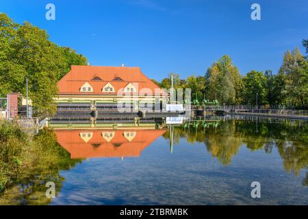 Germania, Baviera, Monaco di Baviera, Thalkirchen, Hinterbrühl, Isar Valley, canale Isarwerk con centrale elettrica Isarwerk 1 Foto Stock