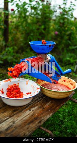 Foto di un manuale di pomodoro smerigliatrice. Pomodori freschi per la preparazione artigianale di salsa di pomodoro. Foto Stock