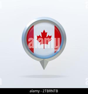 Icona metallica della bandiera di stato del Canada con un indicatore di posizione. Su uno sfondo bianco con un'ombra. rendering 3d. Foto Stock