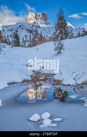 Italia, Veneto, provincia di Belluno, il Monte Averau si riflette in una piscina di acqua ghiacciata, paesaggio invernale vicino al passo Falzarego, Dolomiti Foto Stock