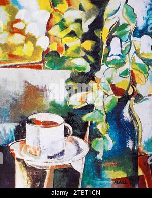 Pittura ad olio di Volker von Mallinckrodt in stile cubista, ca. 1984 con piante e tazza di caffè - Volker von Mallinckrodt ha studiato arte con Xaver Fuhr a Monaco. Foto Stock